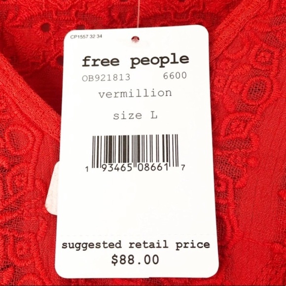 New Free People Crimson Red Ribbed Lace Bell Sleeve V Neck Top Shirt - Picture 16 of 16